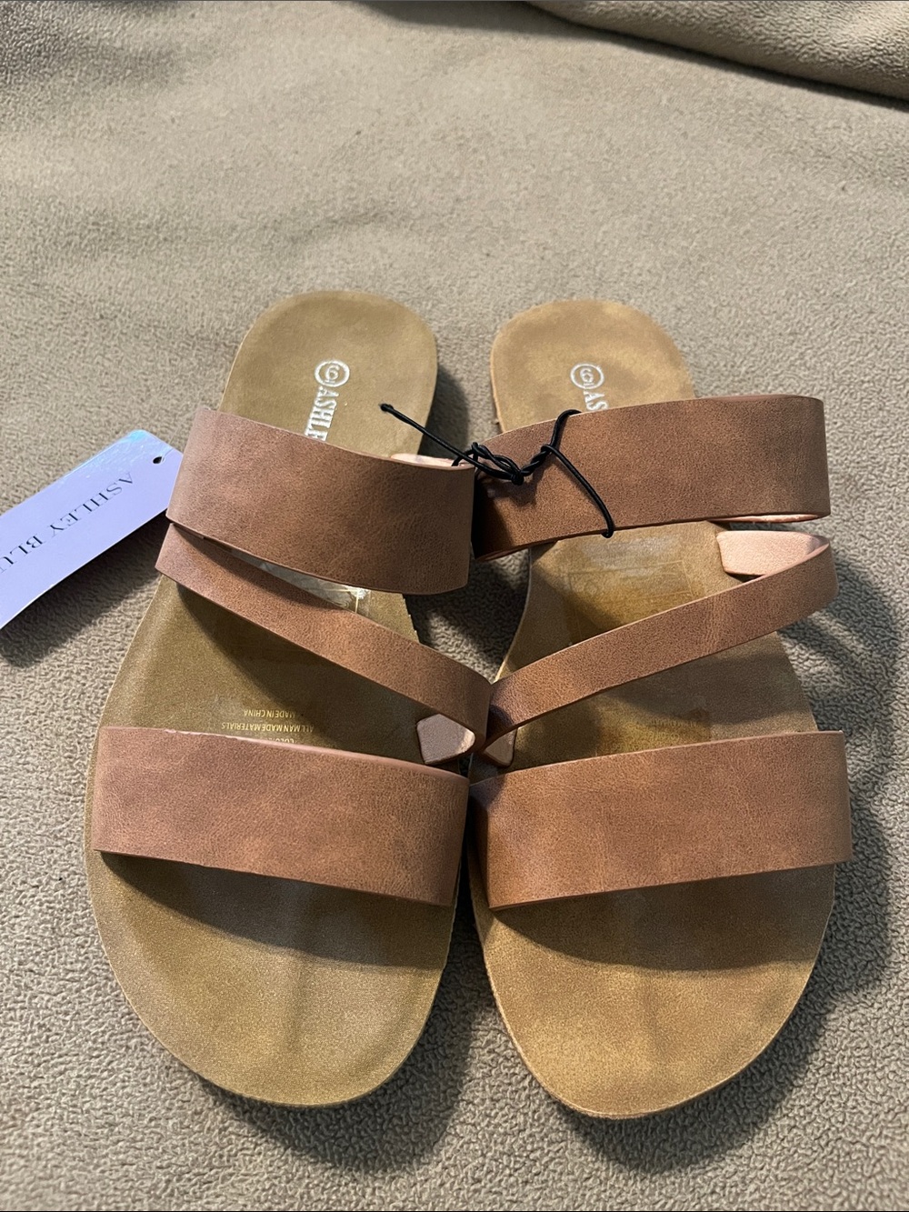 Ashley Blue Tan Strappy Slide Sandals